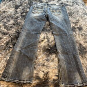 Express Women's Blue Flare Jeans with Embroidered Back Pockets